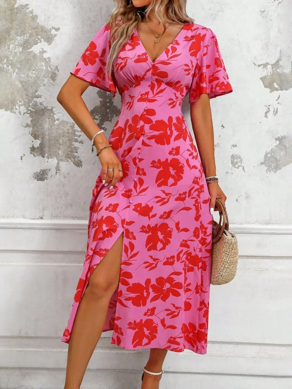 Pink Boho Women's Plant Print V-Neck Short Sleeve Maxi Dress with Side Slit - Picture 6 of 7